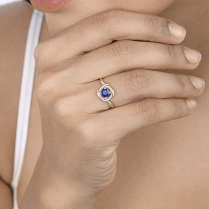 0.73 Carat Genuine Blue Sapphire and White Diamond 14K Yellow Gold Ring