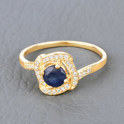 0.73 Carat Genuine Blue Sapphire and White Diamond 14K Yellow Gold Ring