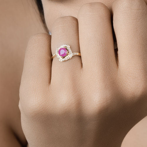 0.63 Carat Genuine Ruby and White Diamond 14K Yellow Gold Ring