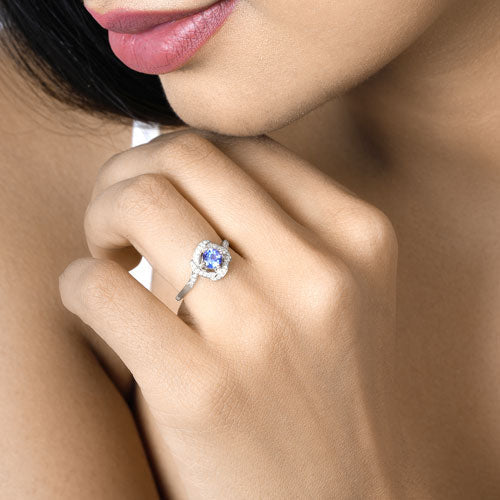 0.55 Carat Genuine Tanzanite and White Diamond 14K White Gold Ring