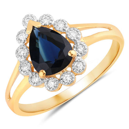 1.46 Carat Genuine Blue Sapphire and White Diamond 14K Yellow Gold Ring