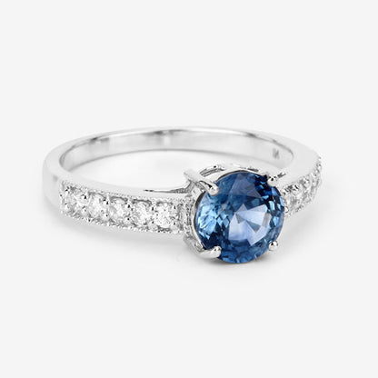1.90 Carat Genuine Blue Sapphire and White Diamond 14K White Gold Ring