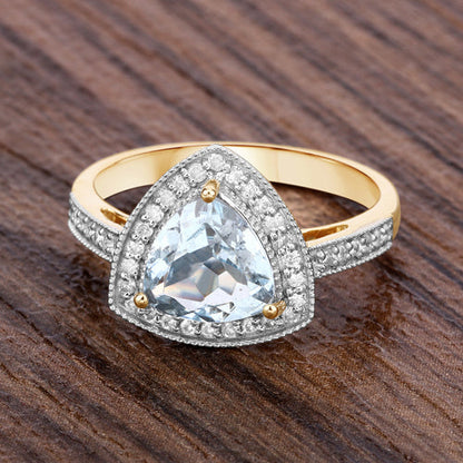 1.58 Carat Genuine Aquamarine and White Diamond 14K Yellow Gold Ring