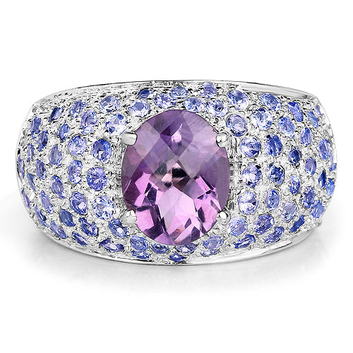 4.21 Carat Genuine Amethyst and Tanzanite .925 Sterling Silver Ring