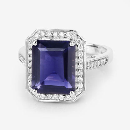 3.70 Carat Genuine Iolite and White Diamond 14K White Gold Ring