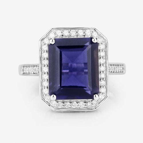 3.70 Carat Genuine Iolite and White Diamond 14K White Gold Ring