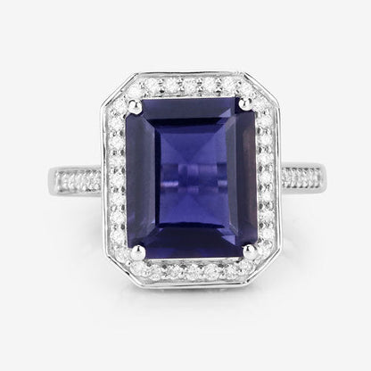 3.70 Carat Genuine Iolite and White Diamond 14K White Gold Ring
