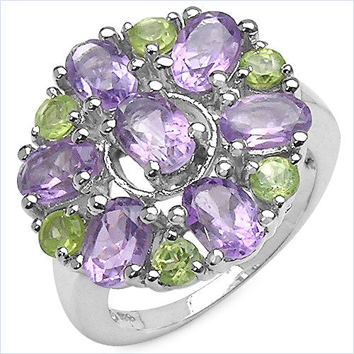 3.61 Carat Genuine Amethyst and Peridot .925 Sterling Silver Ring