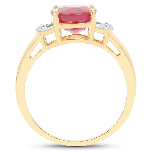 14K Yellow Gold Plated 4.01 Carat Glass Filled Ruby and White Diamond .925 Sterling Silver Ring