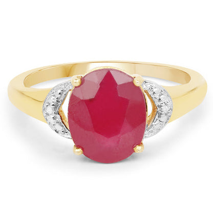 14K Yellow Gold Plated 4.01 Carat Glass Filled Ruby and White Diamond .925 Sterling Silver Ring