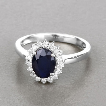 1.73 Carat Genuine Blue Sapphire and White Diamond 14K White Gold Ring