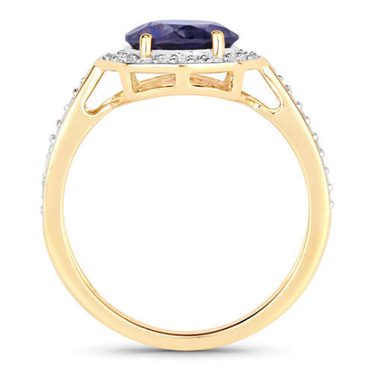 1.79 Carat Genuine Iolite and White Diamond 14K Yellow Gold Ring