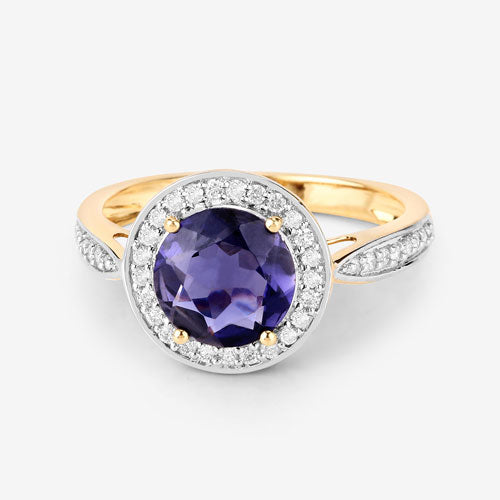 1.79 Carat Genuine Iolite and White Diamond 14K Yellow Gold Ring