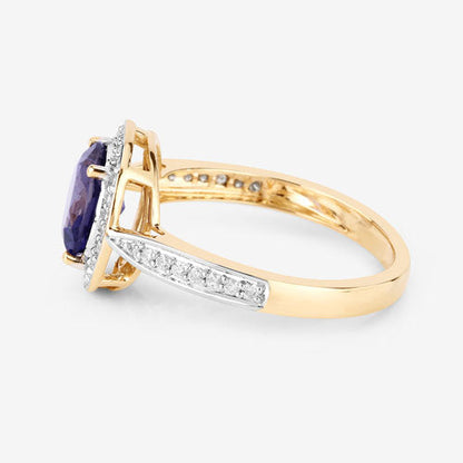1.79 Carat Genuine Iolite and White Diamond 14K Yellow Gold Ring
