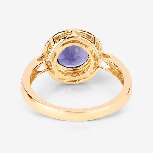 1.79 Carat Genuine Iolite and White Diamond 14K Yellow Gold Ring