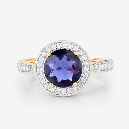 1.79 Carat Genuine Iolite and White Diamond 14K Yellow Gold Ring