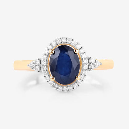 1.70 Carat Genuine Blue Sapphire and White Diamond 14K Yellow Gold Ring