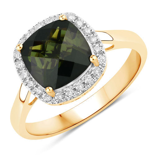 2.64 Carat Genuine Green Tourmaline and White Diamond 14K Yellow Gold Ring