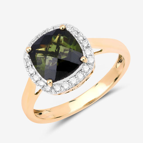2.64 Carat Genuine Green Tourmaline and White Diamond 14K Yellow Gold Ring