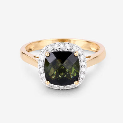 2.64 Carat Genuine Green Tourmaline and White Diamond 14K Yellow Gold Ring