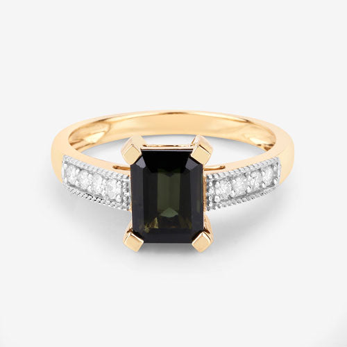 1.91 Carat Genuine Green Tourmaline and White Diamond 14K Yellow Gold Ring