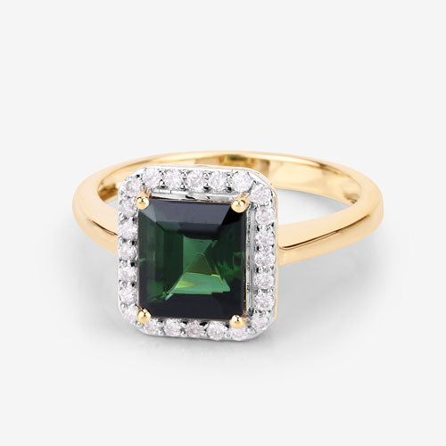 3.02 Carat Genuine Green Tourmaline and White Diamond 14K Yellow Gold Ring