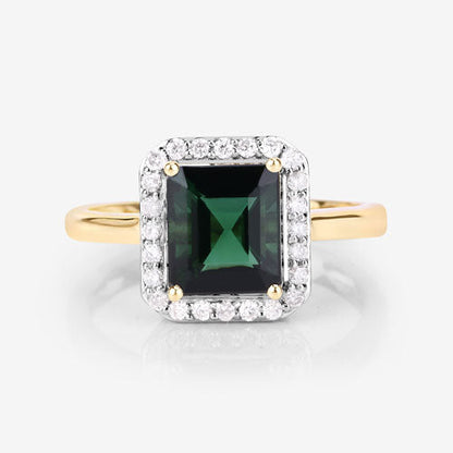 3.02 Carat Genuine Green Tourmaline and White Diamond 14K Yellow Gold Ring