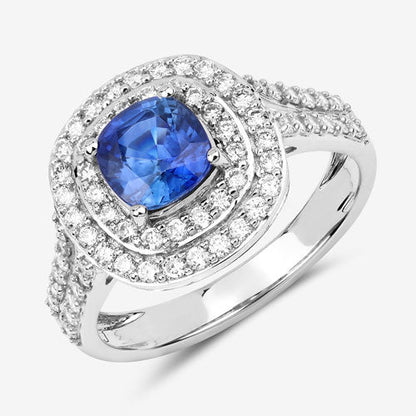 1.96 Carat Genuine Blue Sapphire and White Diamond 18K White Gold Ring