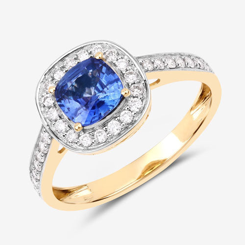 1.31 Carat Genuine Blue Sapphire and White Diamond 18K Yellow Gold Ring