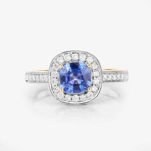 1.31 Carat Genuine Blue Sapphire and White Diamond 18K Yellow Gold Ring