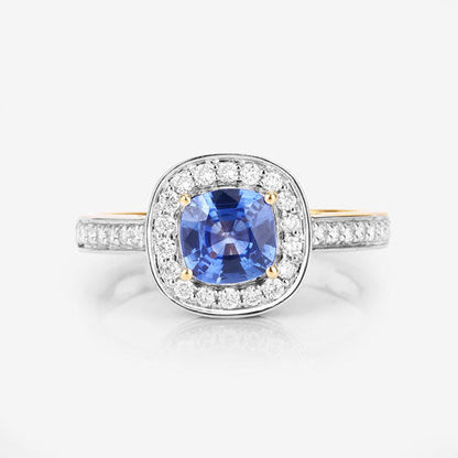 1.31 Carat Genuine Blue Sapphire and White Diamond 18K Yellow Gold Ring