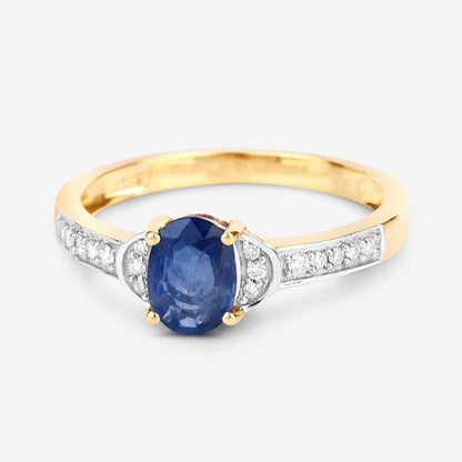 1.05 Carat Genuine Blue Sapphire and White Diamond 10K Yellow Gold Ring