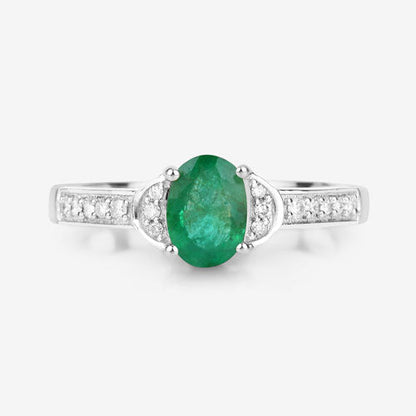 0.82 Carat Genuine Zambian Emerald and White Diamond 10K White Gold Ring