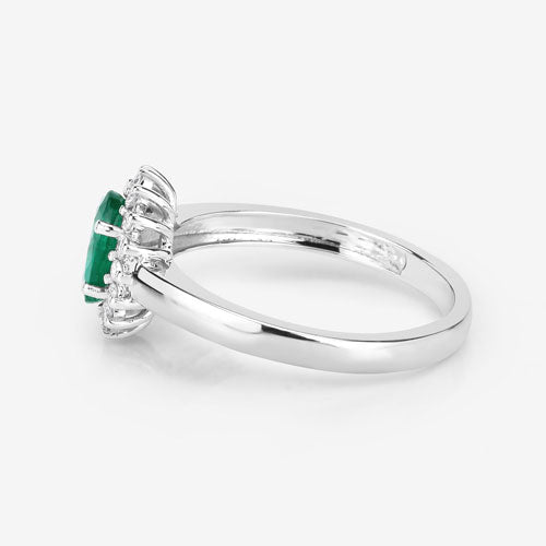 0.86 Carat Genuine Zambian Emerald and White Diamond 14K White Gold Ring