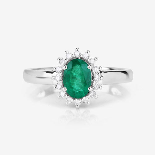 0.86 Carat Genuine Zambian Emerald and White Diamond 14K White Gold Ring
