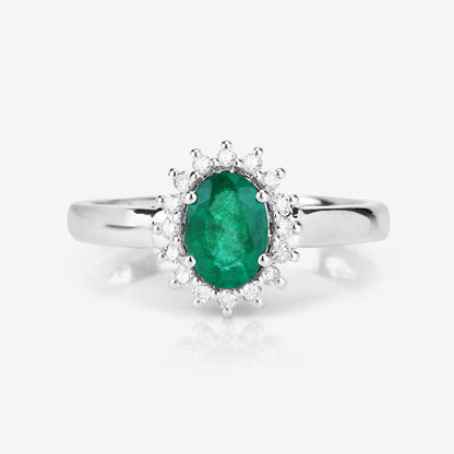 0.86 Carat Genuine Zambian Emerald and White Diamond 14K White Gold Ring