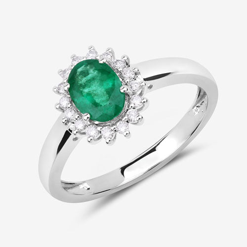 0.86 Carat Genuine Zambian Emerald and White Diamond 14K White Gold Ring