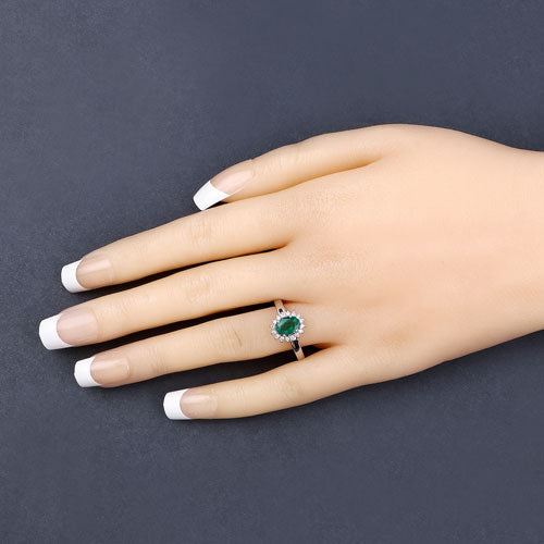 0.86 Carat Genuine Zambian Emerald and White Diamond 14K White Gold Ring