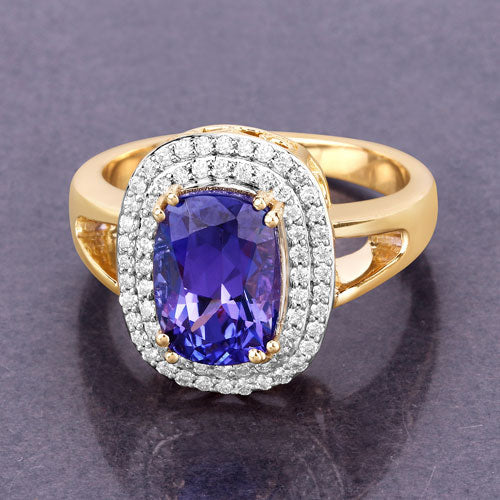 3.33 Carat Genuine Tanzanite and White Diamond 14K Yellow Gold Ring