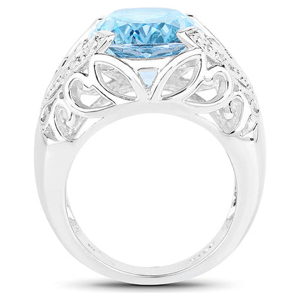 11.29 Carat Genuine Blue Topaz and White Topaz .925 Sterling Silver Ring