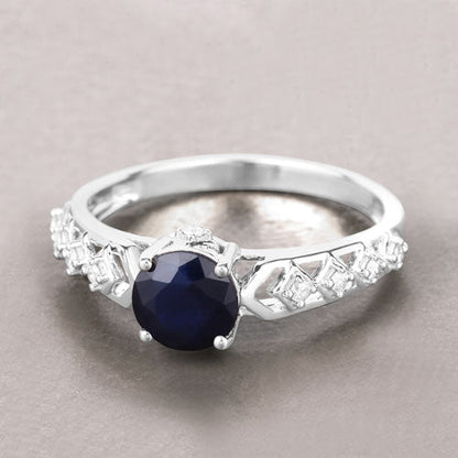 1.13 Carat Genuine Blue Sapphire and White Diamond 10K White Gold Ring