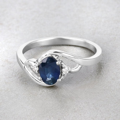 0.98 Carat Genuine Blue Sapphire and White Diamond 10K White Gold Ring