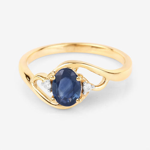 0.98 Carat Genuine Blue Sapphire and White Diamond 10K Yellow Gold Ring