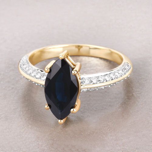2.39 Carat Genuine Blue Sapphire and White Diamond 10K Yellow Gold Ring