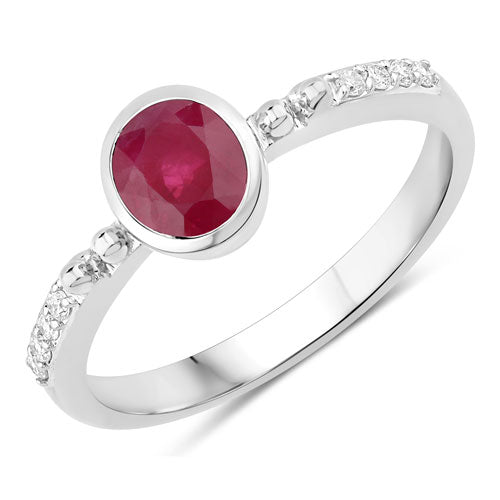 1.00 Carat Genuine Ruby and White Diamond 14K White Gold Ring