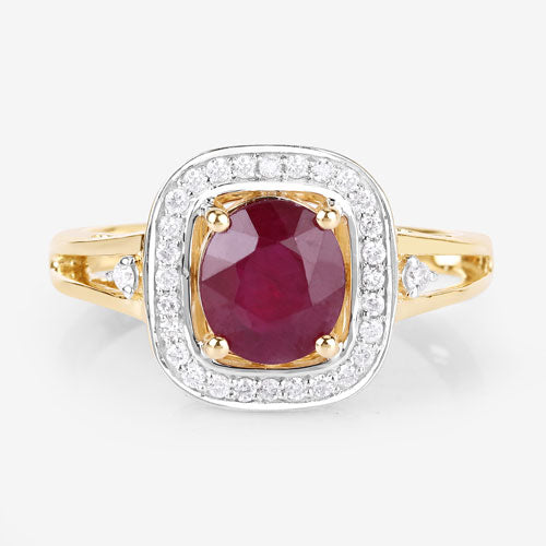 1.67 Carat Genuine Ruby and White Diamond 14K Yellow Gold Ring