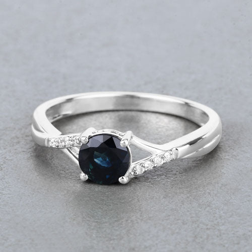 0.88 Carat Genuine Blue Sapphire and White Diamond 14K White Gold Ring