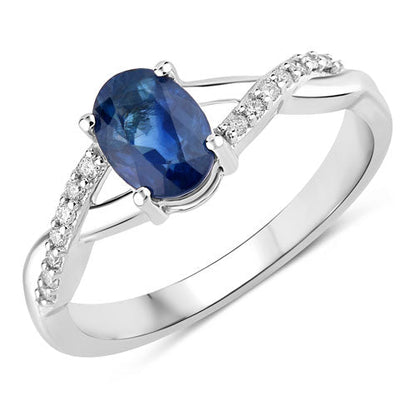 1.04 Carat Genuine Blue Sapphire and White Diamond 14K White Gold Ring