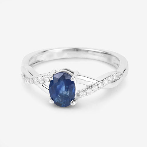 1.04 Carat Genuine Blue Sapphire and White Diamond 14K White Gold Ring
