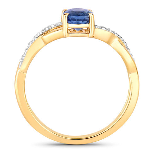 1.04 Carat Genuine Blue Sapphire and White Diamond 14K Yellow Gold Ring